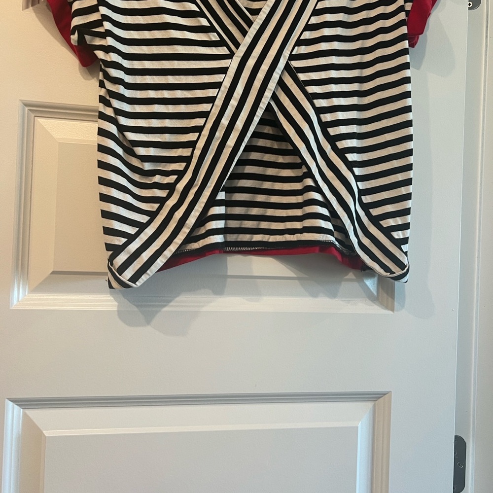 Women's Black & White Striped Short Sleeve Tee with Pink Trim - Picture 12 of 15